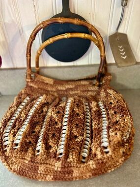 Hand Crafted Brown ombré Crochet Bag with Bamboo Handles